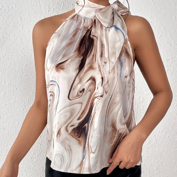 Boho Marble Print Halter Satin Top - Picture 2 of 5